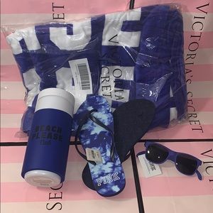 VS PINK beach bundle BLUE towel flip flops bottle
